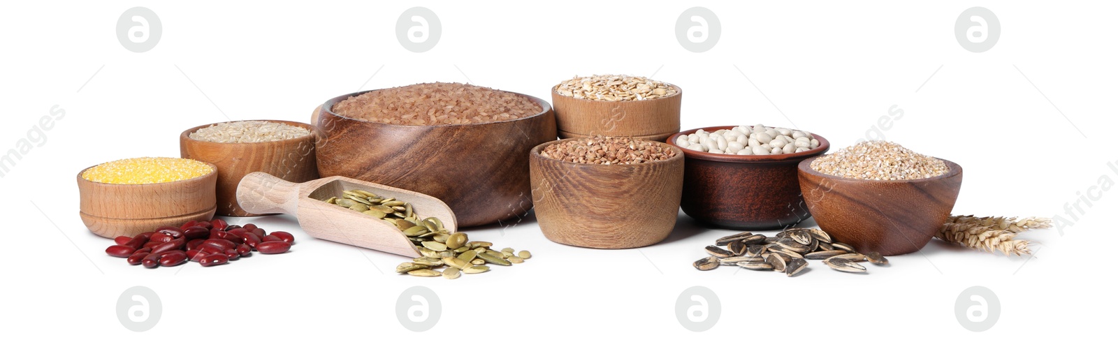 Photo of Different types of cereals, legumes and seeds isolated on white