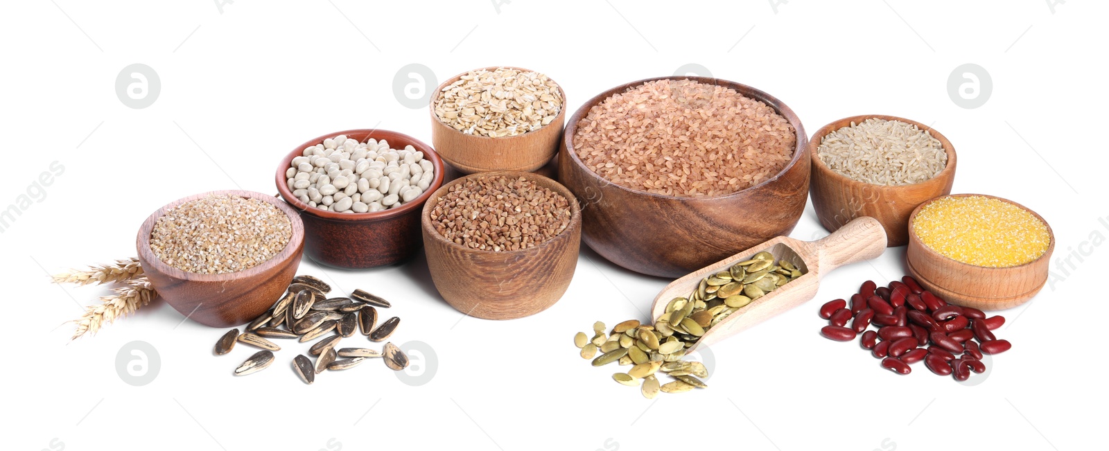 Photo of Different types of cereals, legumes and seeds isolated on white