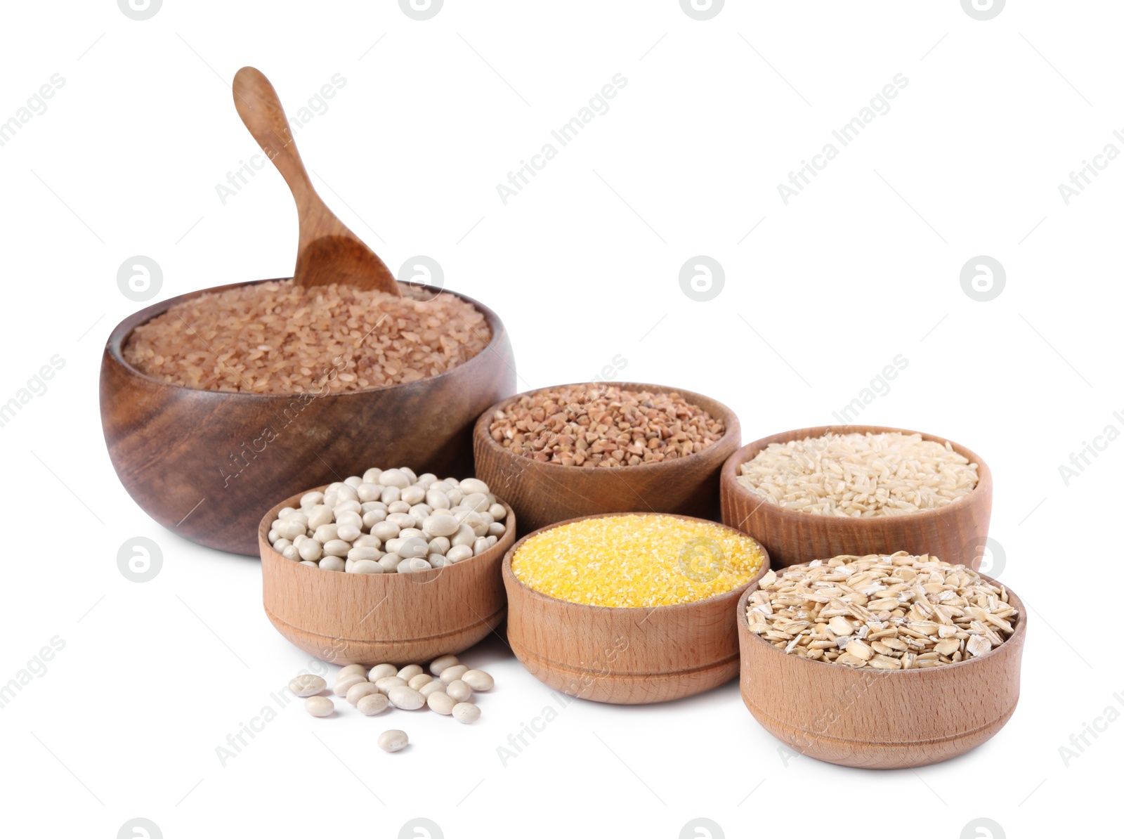 Photo of Different types of cereals and legumes isolated on white