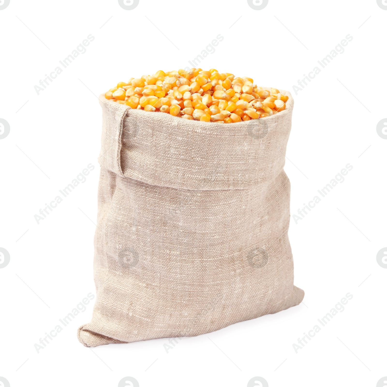 Photo of Fresh corn kernels in burlap sack isolated on white