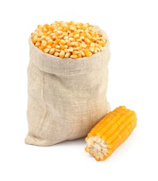 Photo of Fresh corn kernels in burlap sack and corncob isolated on white