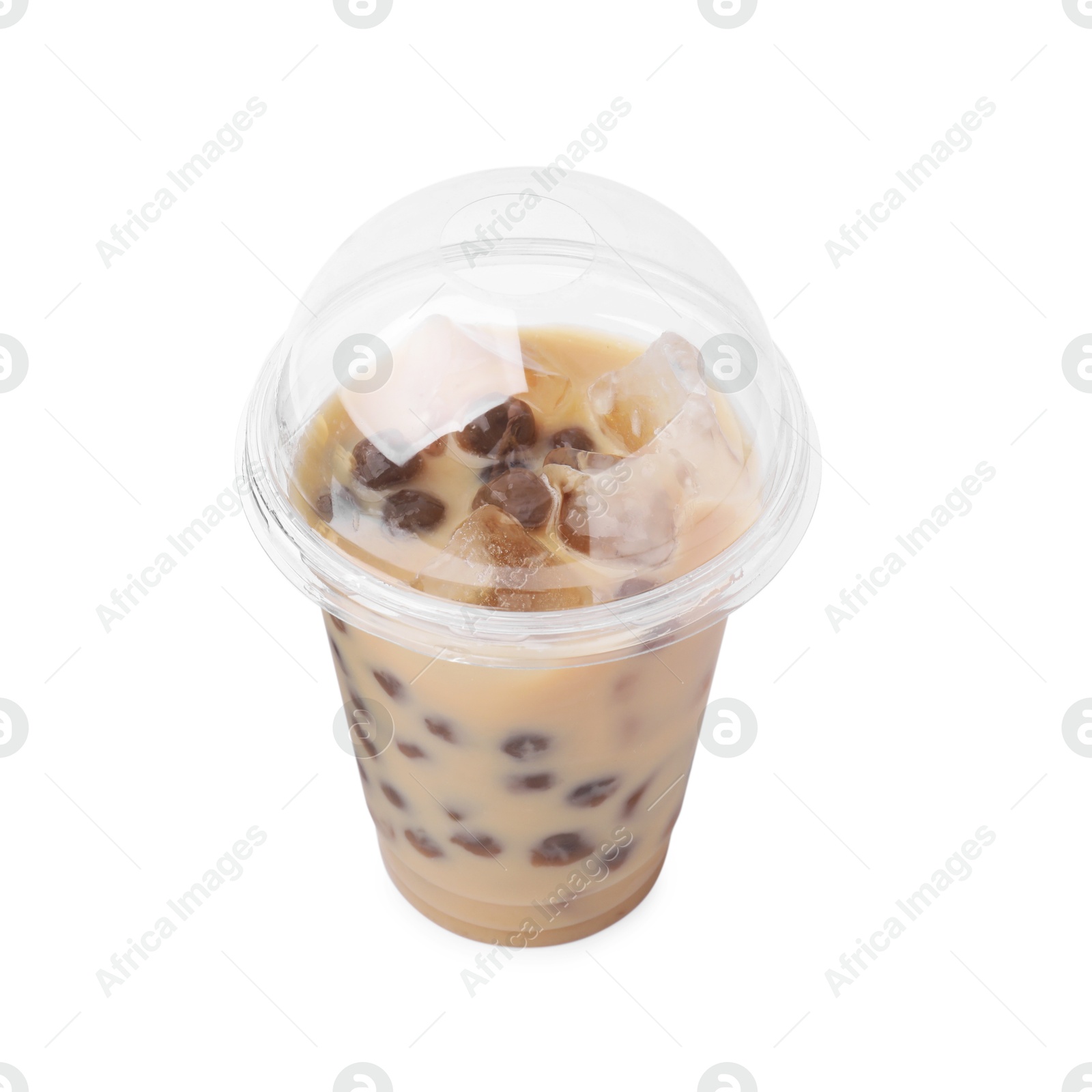 Photo of Tasty milk bubble tea in plastic cup isolated on white