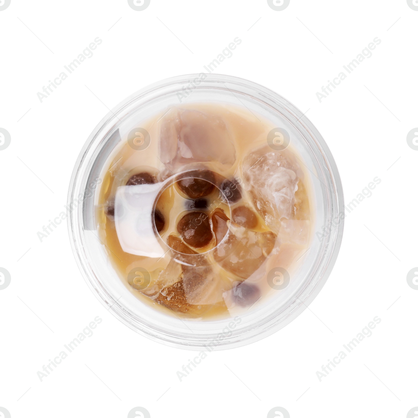 Photo of Tasty milk bubble tea in plastic cup isolated on white, top view