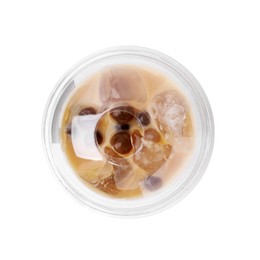 Tasty milk bubble tea in plastic cup isolated on white, top view