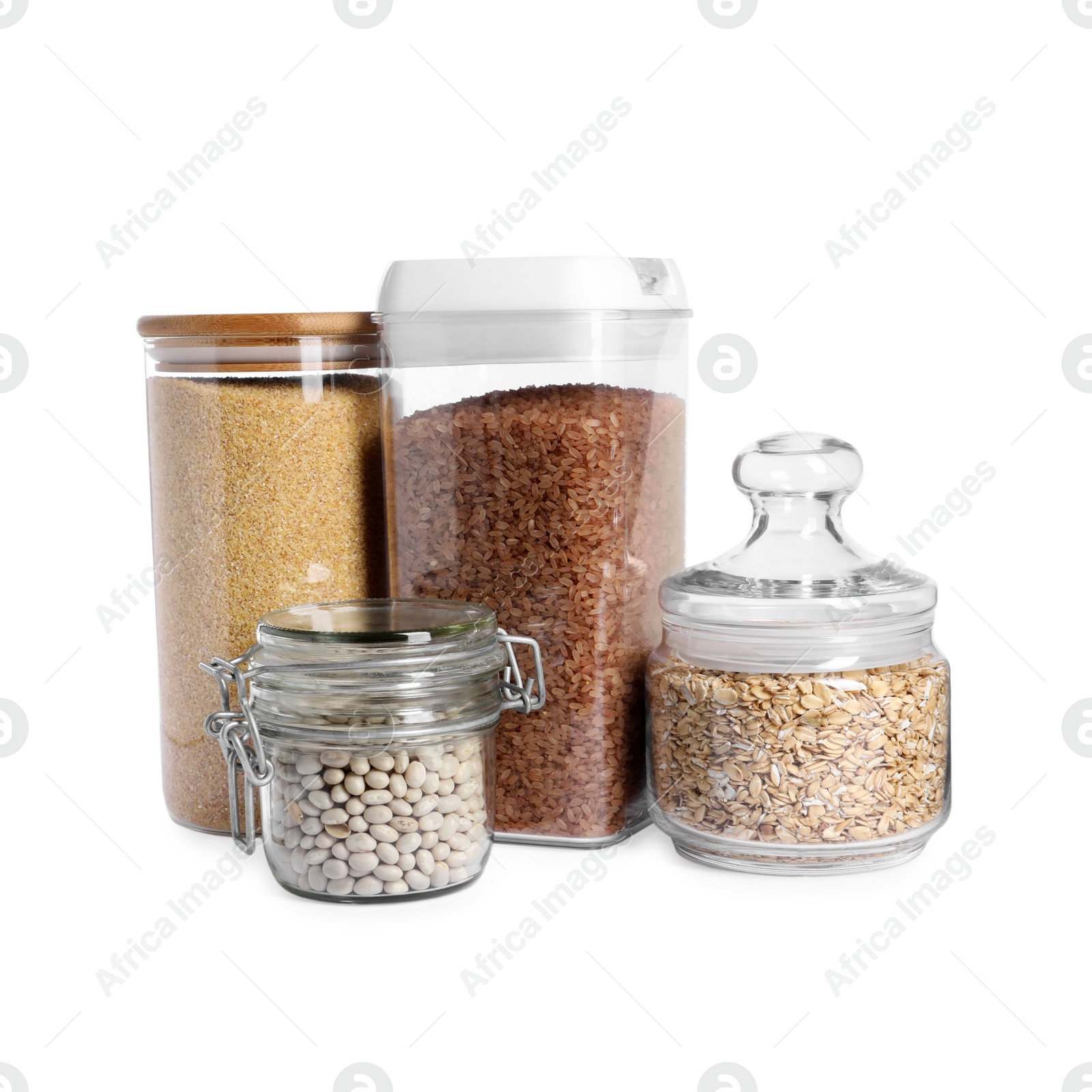 Photo of Different types of cereals and legumes in containers isolated on white