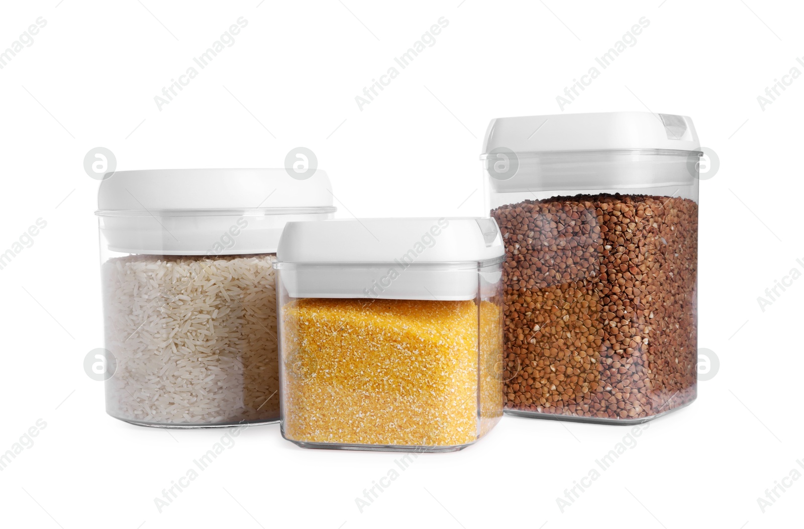 Photo of Different types of cereals in containers isolated on white