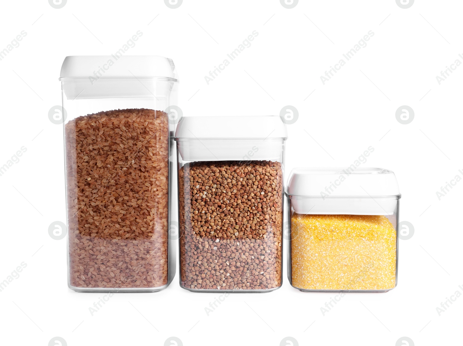 Photo of Different types of cereals in containers isolated on white