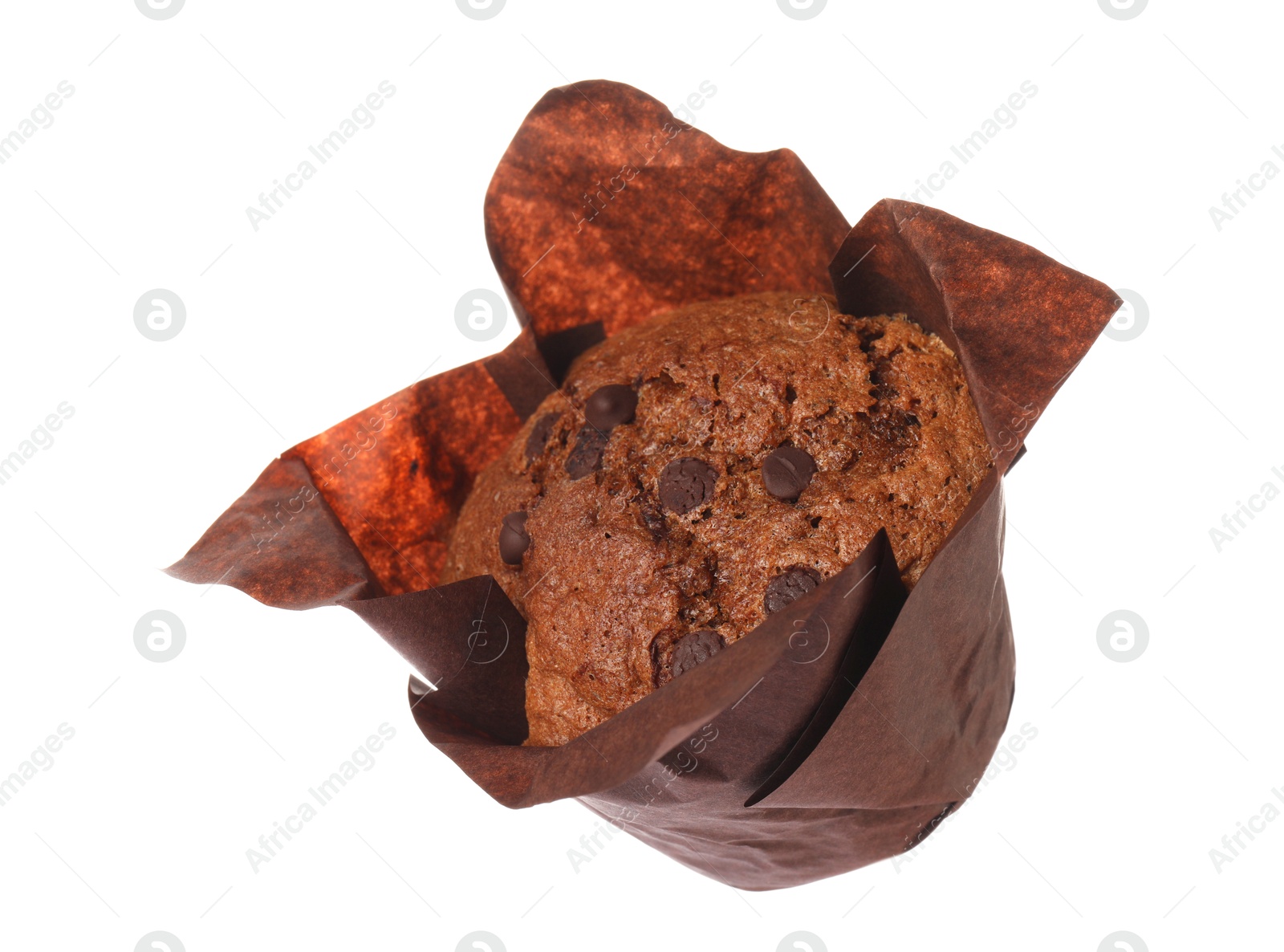 Photo of Delicious sweet muffin with chocolate chips isolated on white