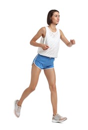 Photo of Beautiful young woman running on white background