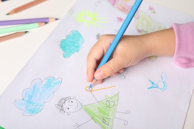 Photo of Little girl drawing his family at white table, closeup