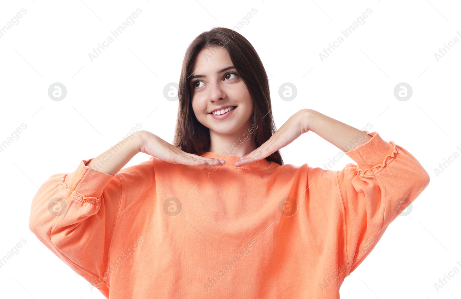 Photo of Portrait of cute teenage girl on white background