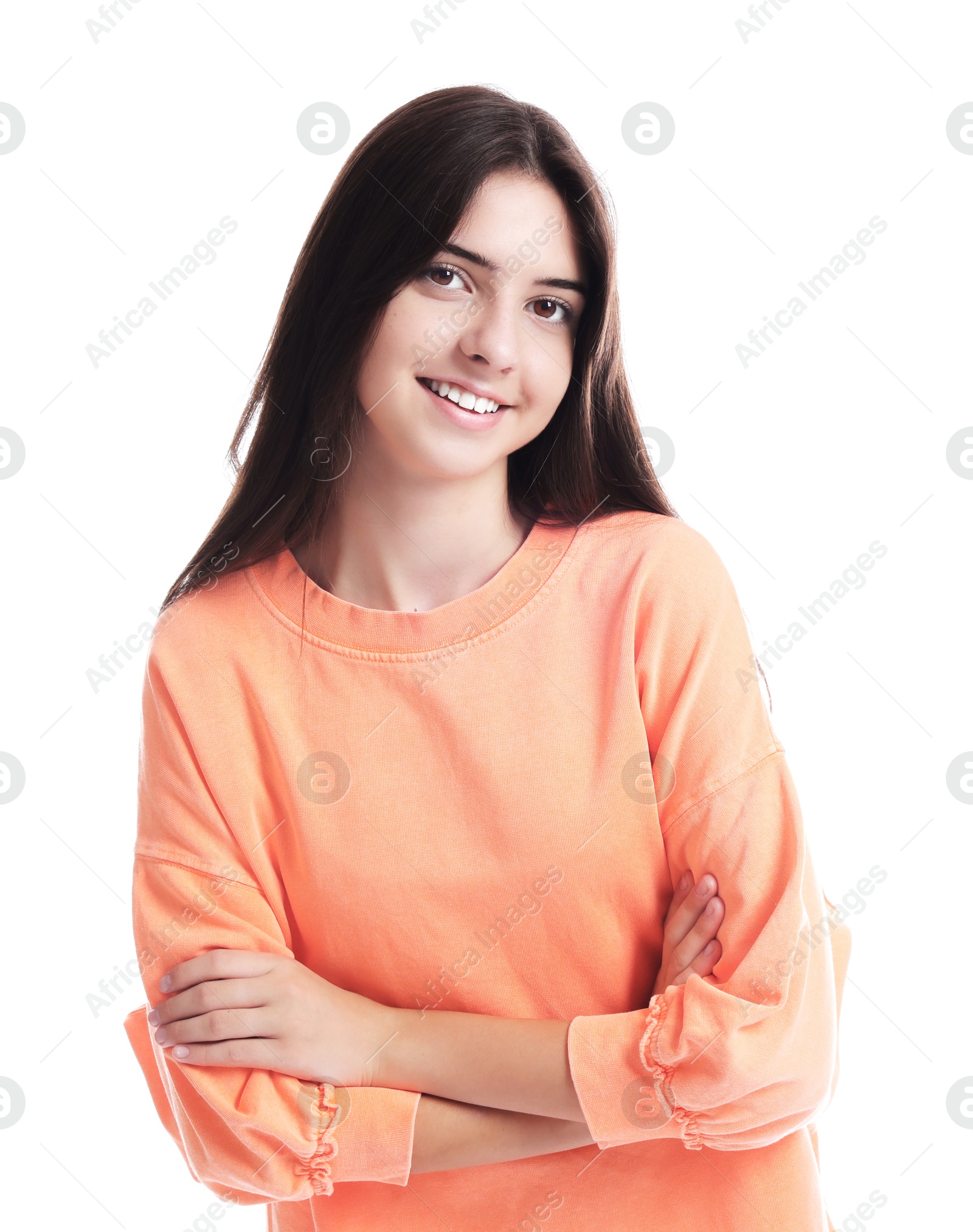 Photo of Portrait of smiling teenage girl on white background