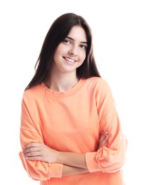 Portrait of smiling teenage girl on white background