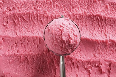 Scoop with tasty watermelon sorbet, top view