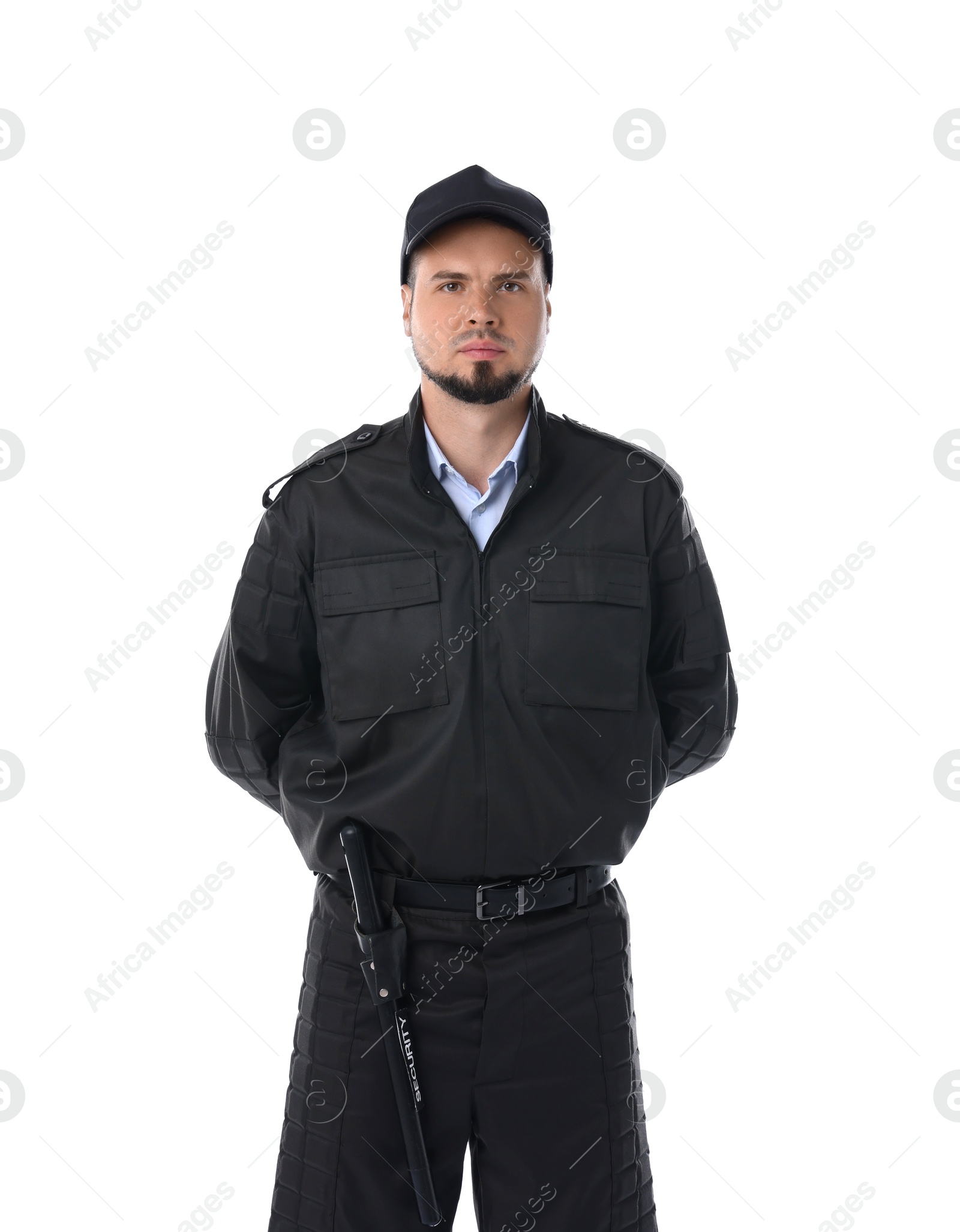 Photo of Young security guard in uniform isolated on white