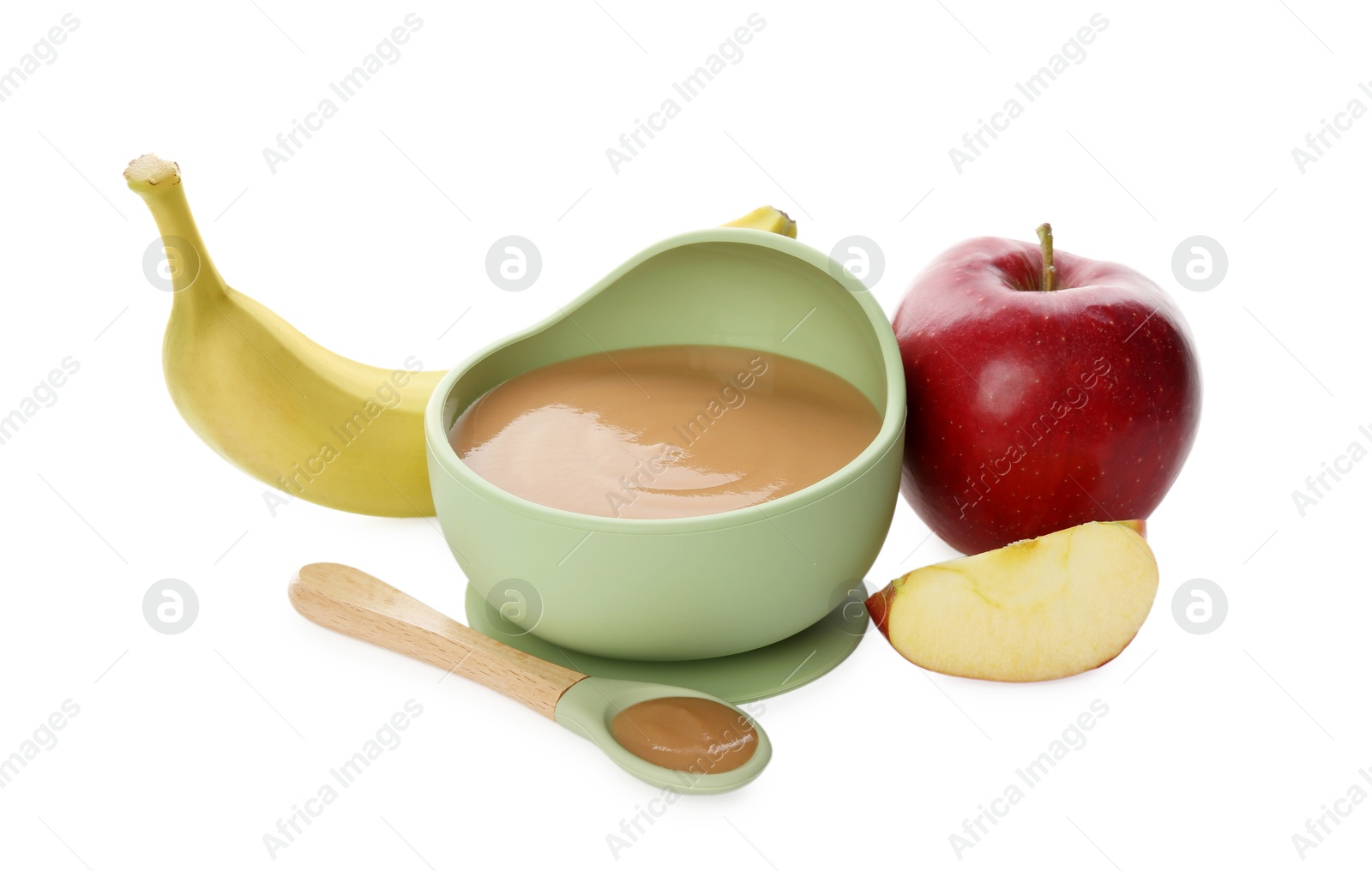 Photo of Delicious baby food in bowl and ingredients isolated on white