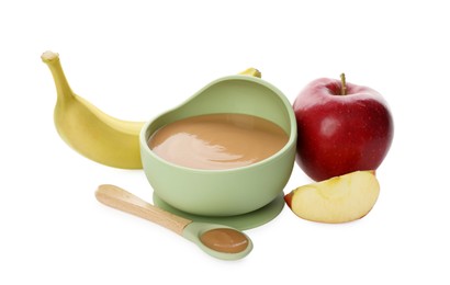 Photo of Delicious baby food in bowl and ingredients isolated on white