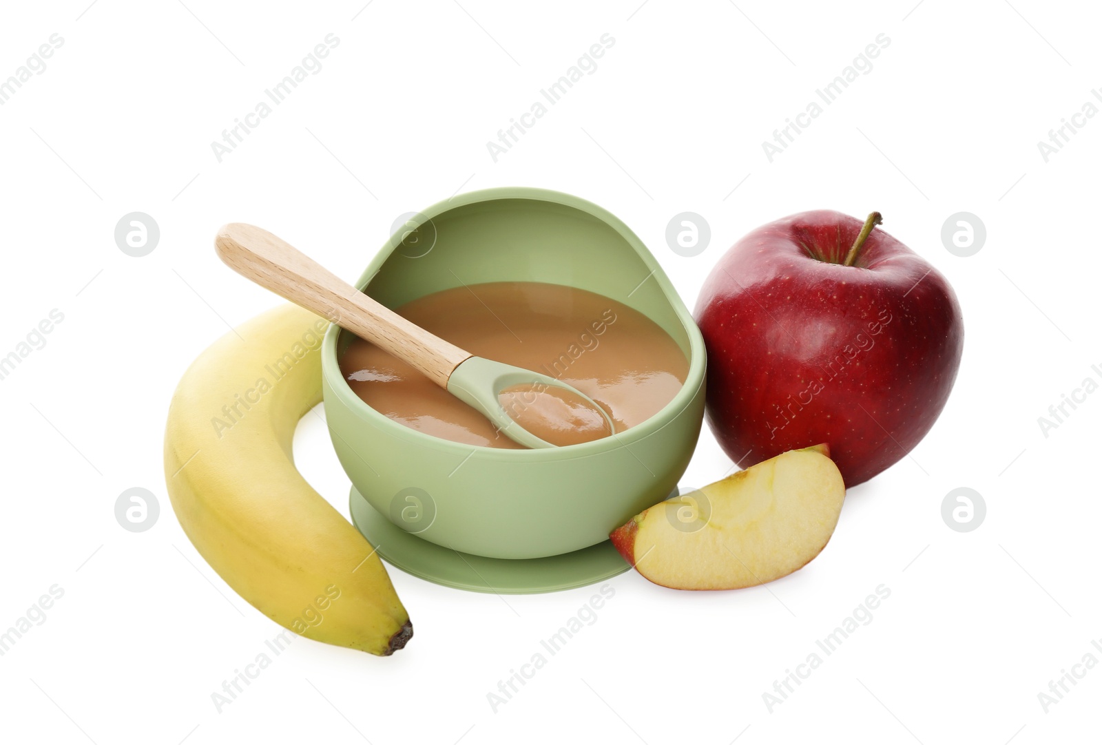 Photo of Delicious baby food in bowl and ingredients isolated on white