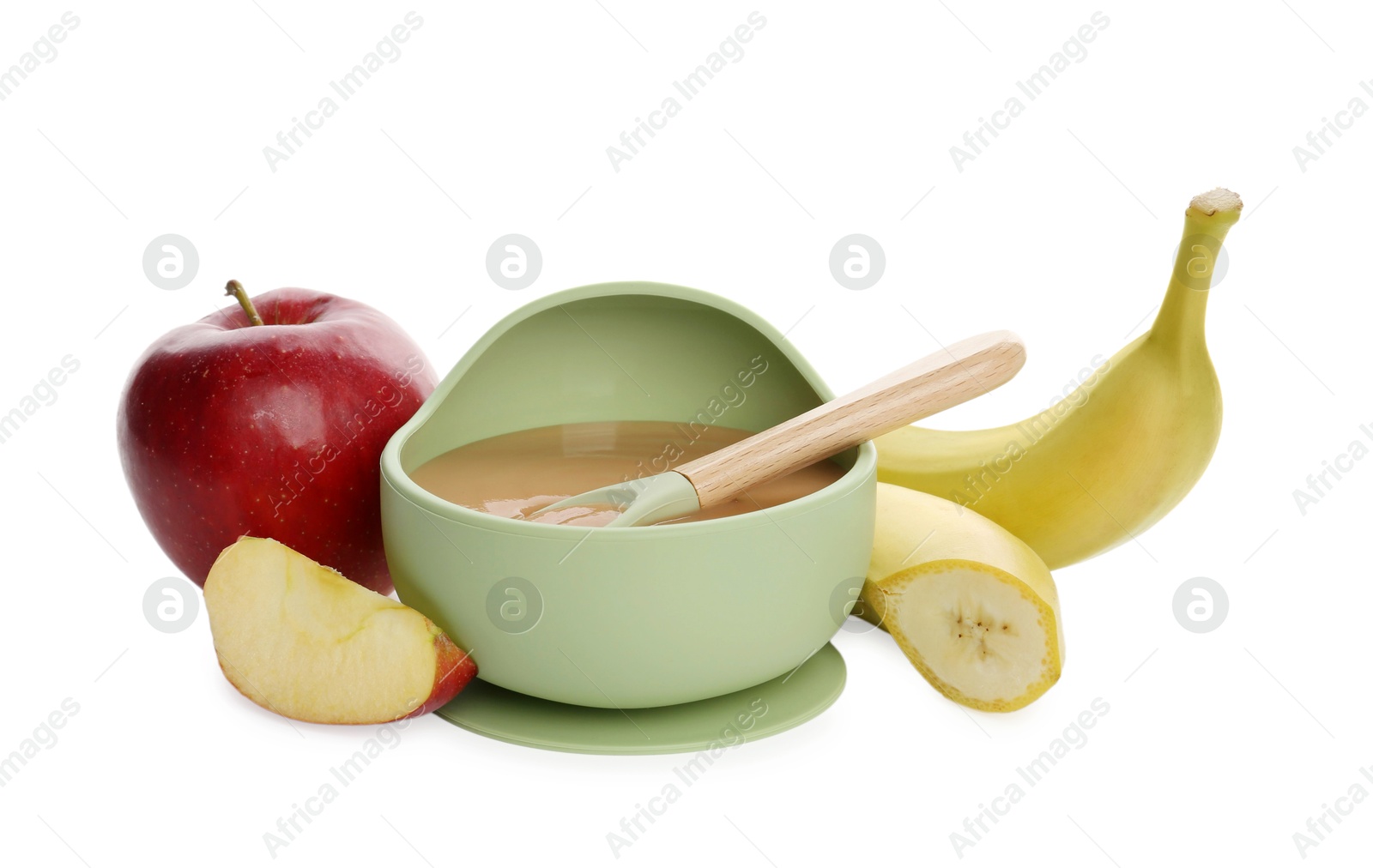 Photo of Delicious baby food in bowl and ingredients isolated on white