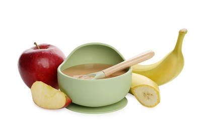 Photo of Delicious baby food in bowl and ingredients isolated on white