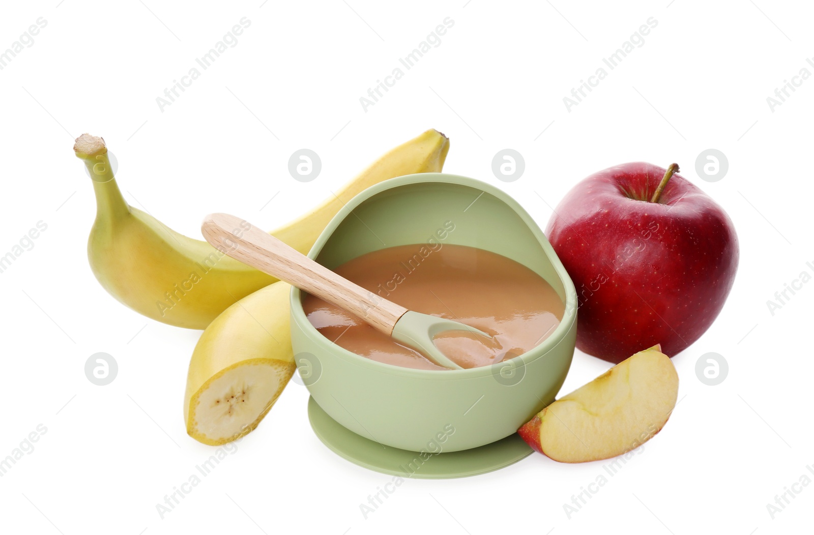 Photo of Delicious baby food in bowl and ingredients isolated on white