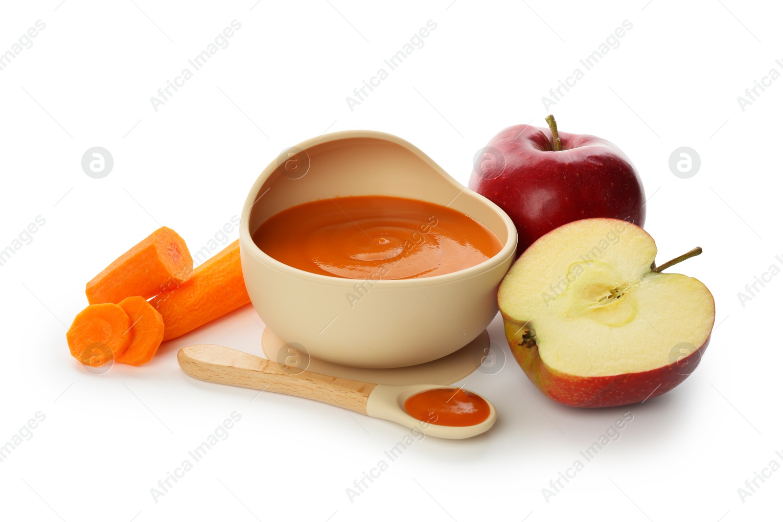 Photo of Delicious baby food in bowl and ingredients isolated on white