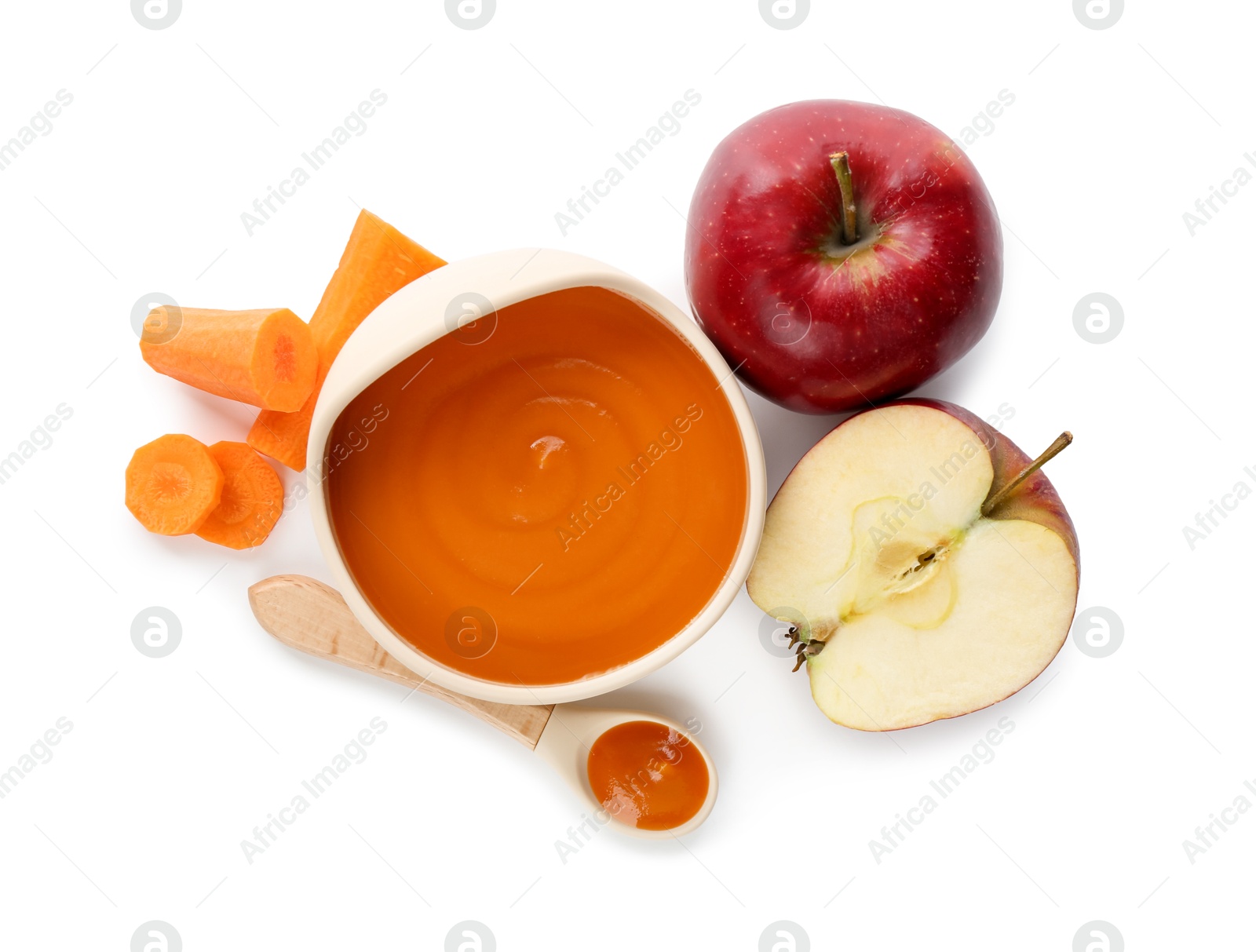 Photo of Delicious baby food in bowl and ingredients isolated on white, top view