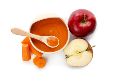 Photo of Delicious baby food in bowl and ingredients isolated on white, top view