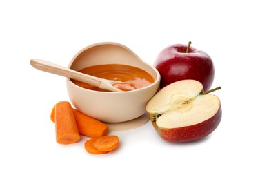 Photo of Delicious baby food in bowl and ingredients isolated on white