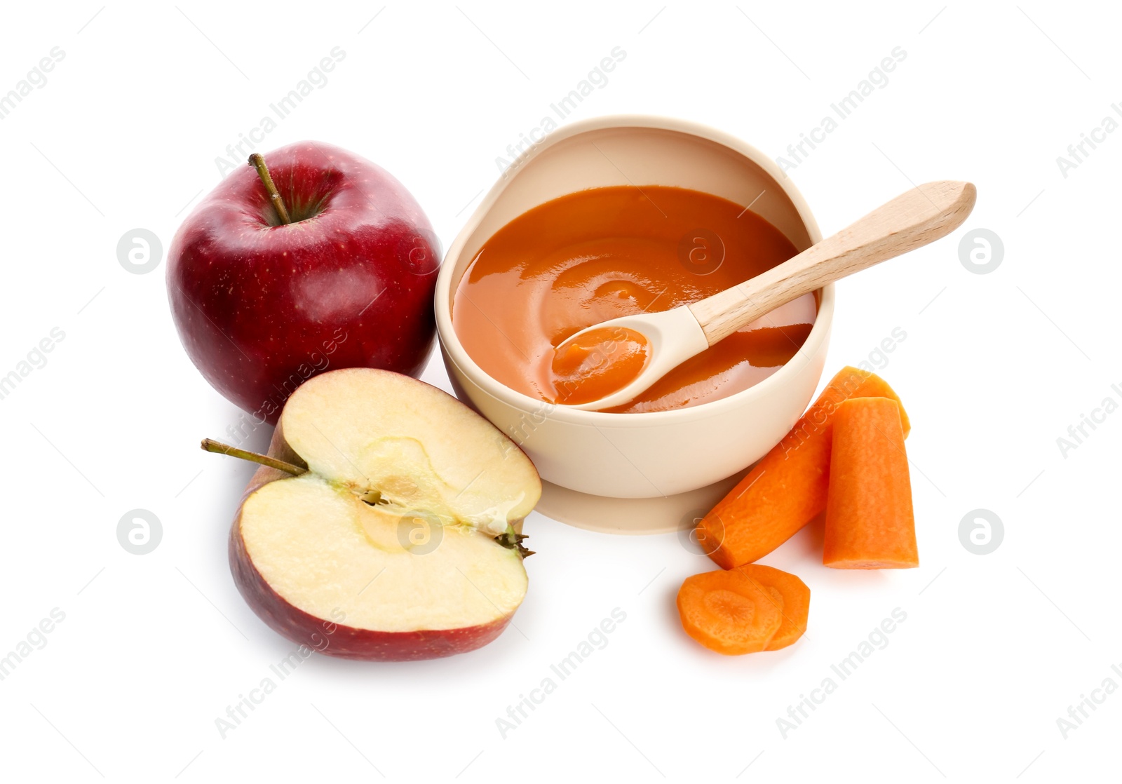 Photo of Delicious baby food in bowl and ingredients isolated on white