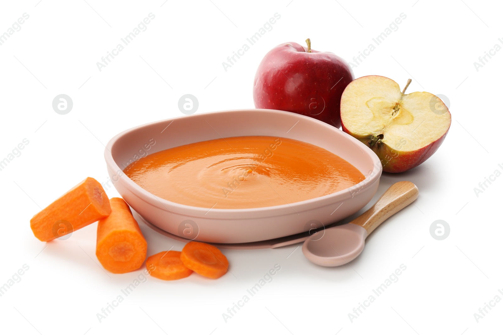 Photo of Delicious baby food in bowl and ingredients isolated on white