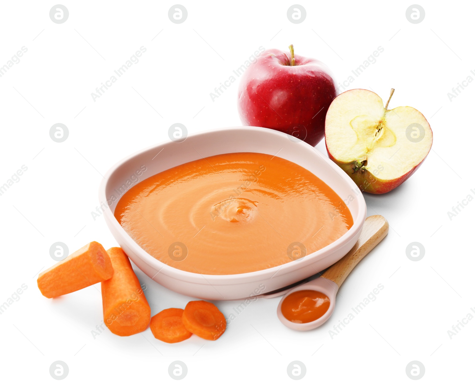 Photo of Delicious baby food in bowl and ingredients isolated on white