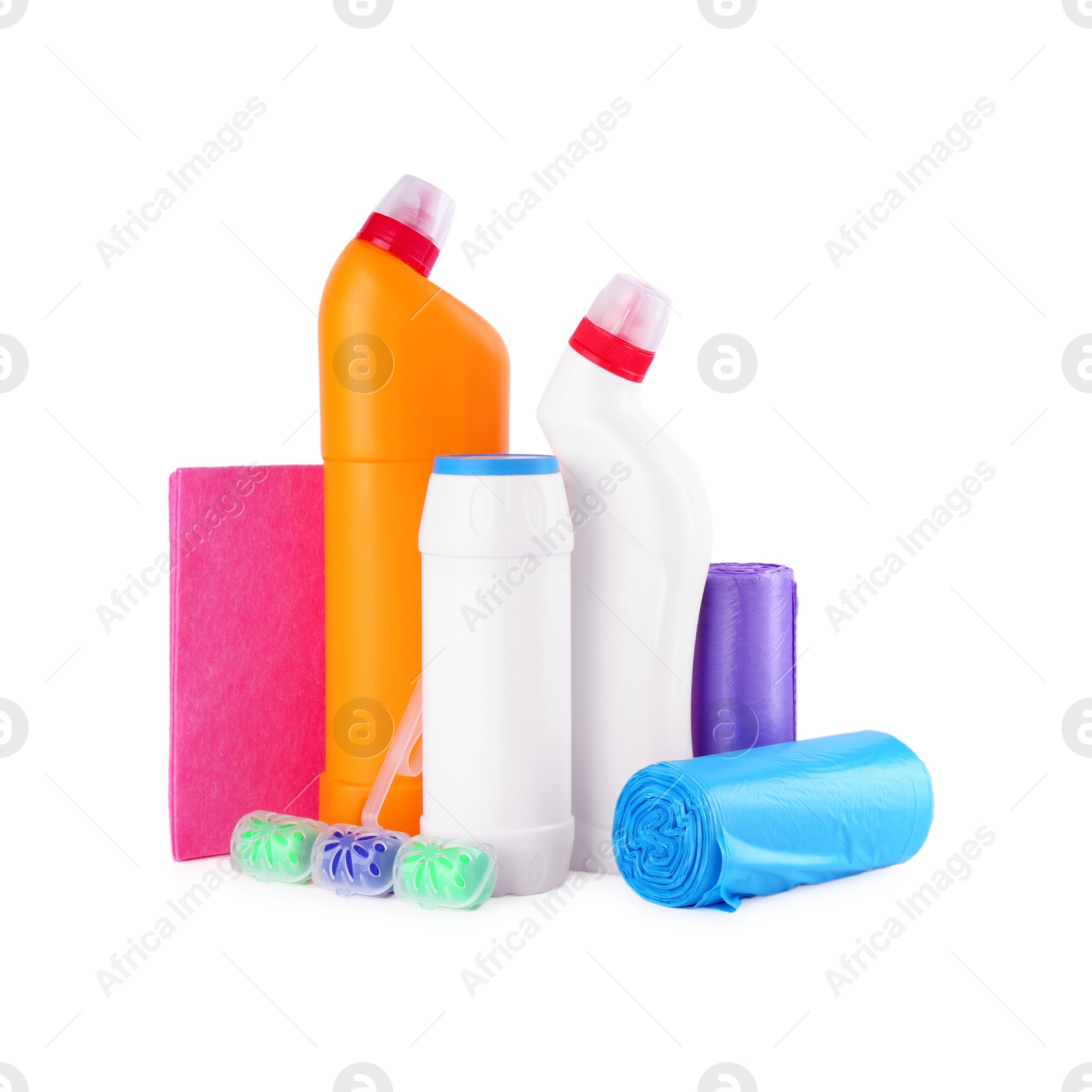 Photo of Different toilet cleaners, rag and trash bags isolated on white