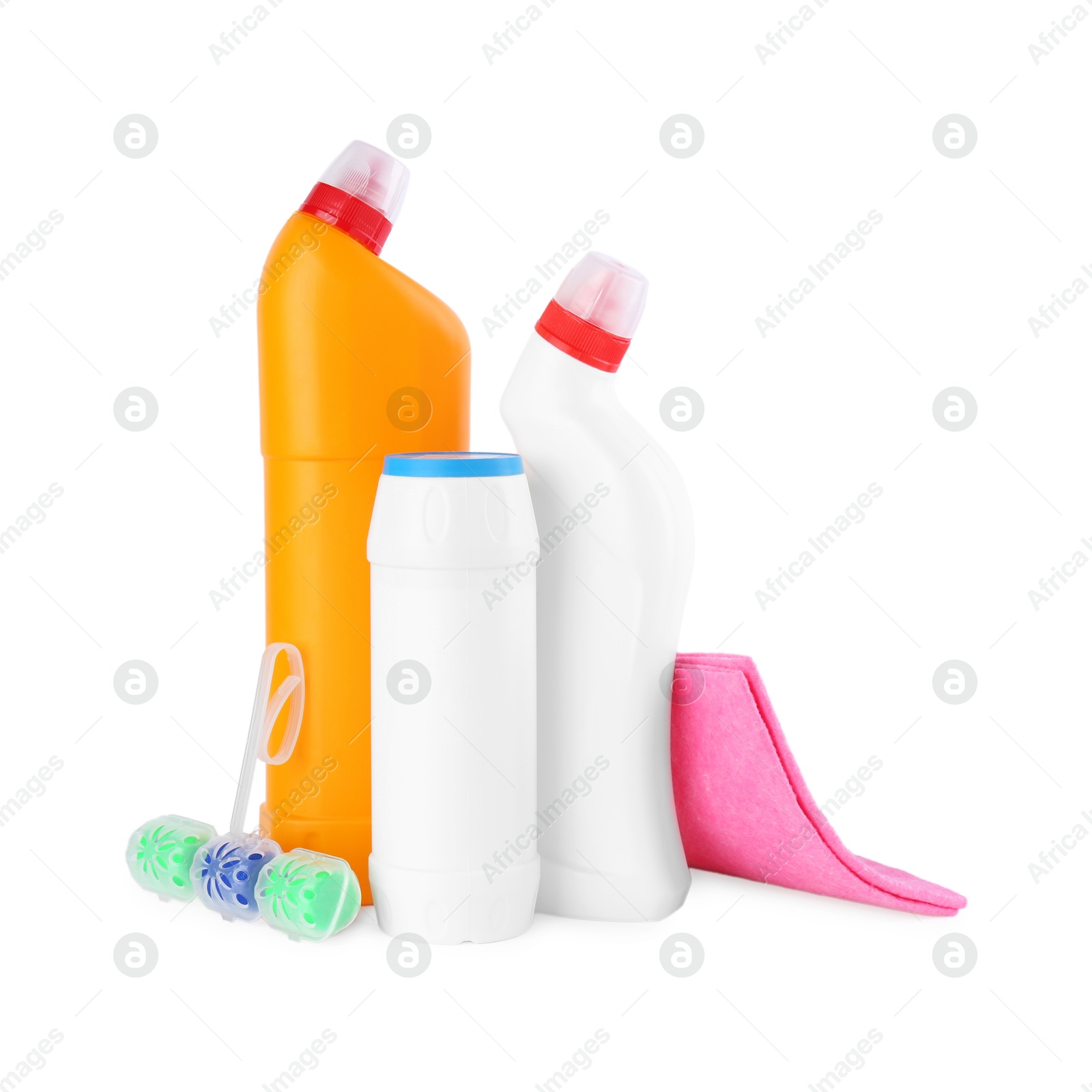 Photo of Different toilet cleaners and rag isolated on white