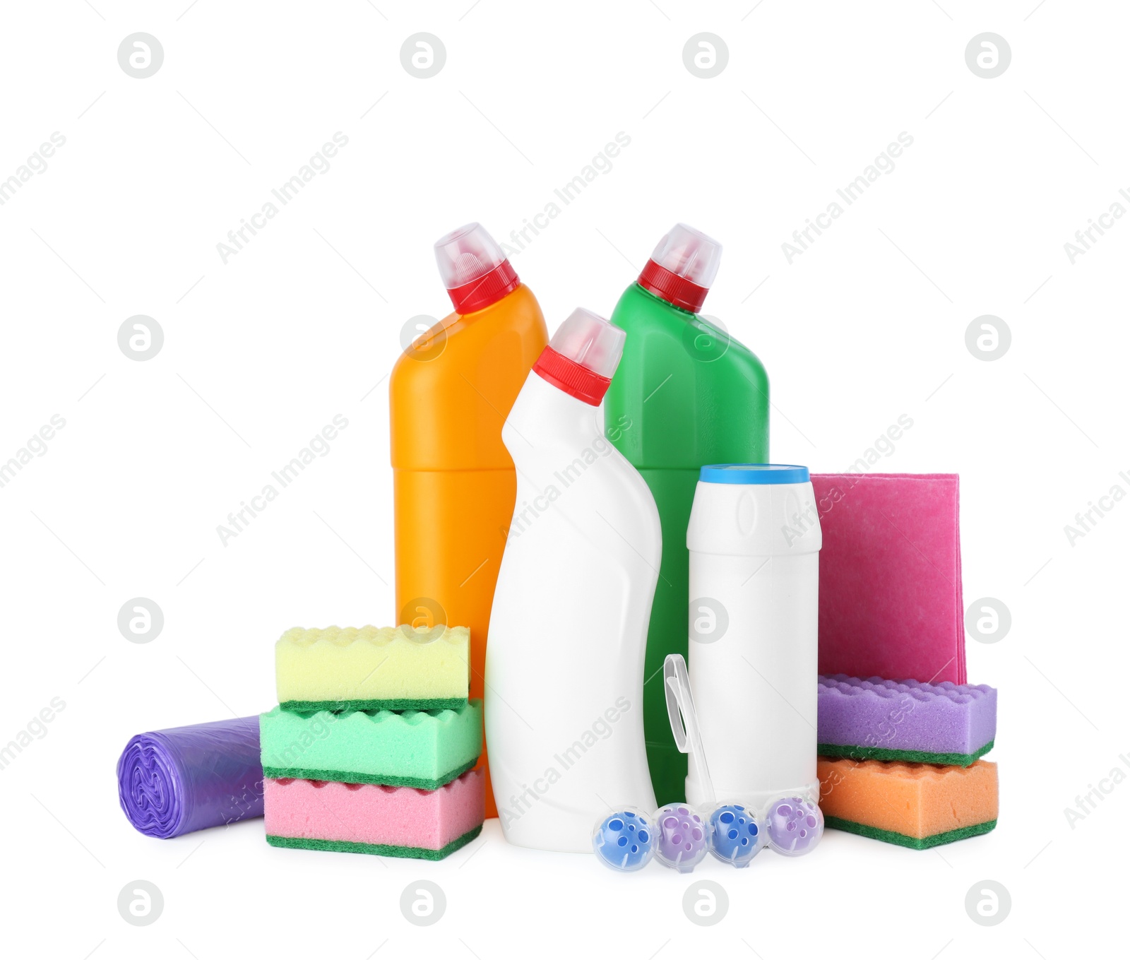 Photo of Different toilet cleaners, sponges, rag and trash bags isolated on white