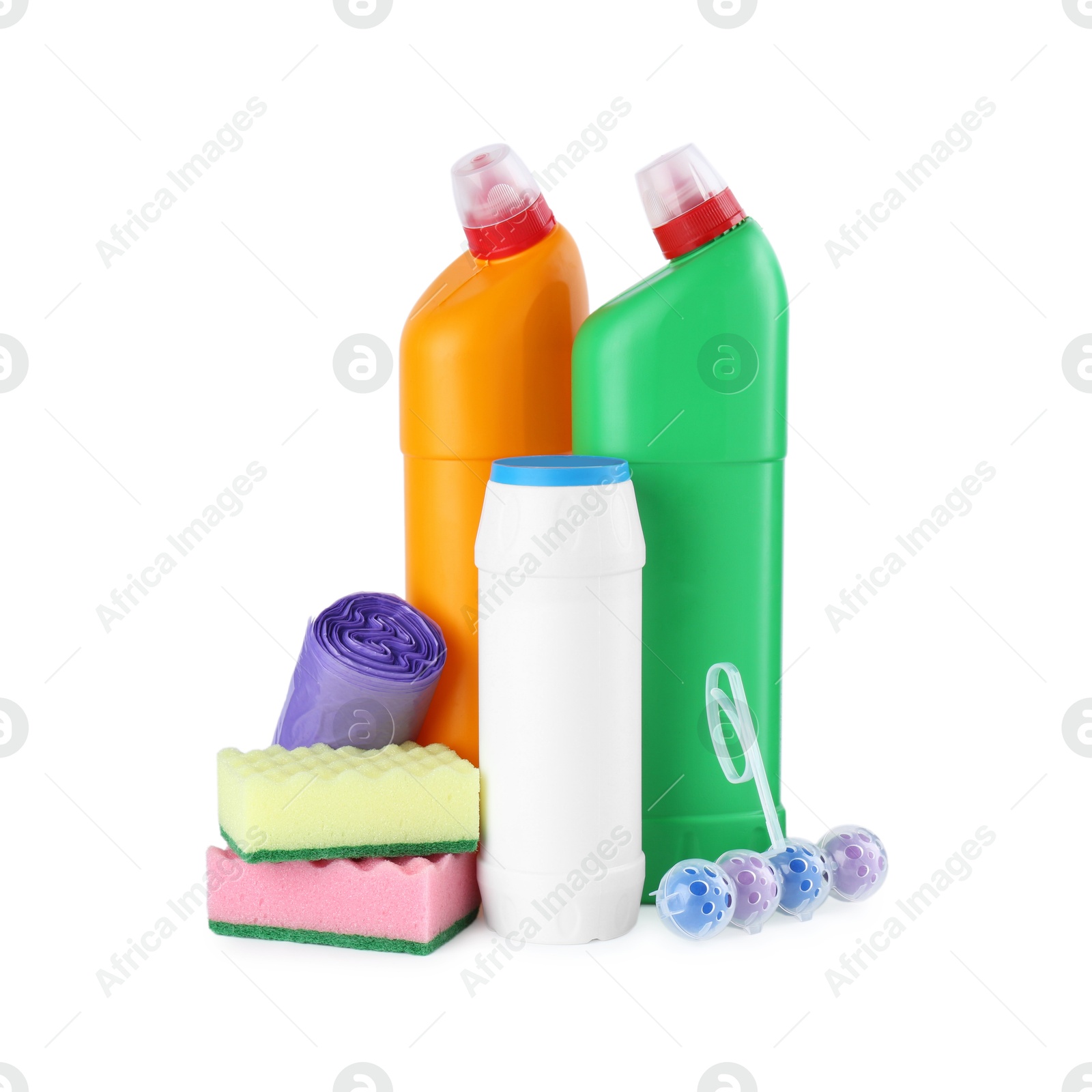 Photo of Different toilet cleaners, sponges and trash bags isolated on white