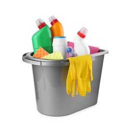 Photo of Bucket with different toilet cleaners, sponges, rag and gloves isolated on white