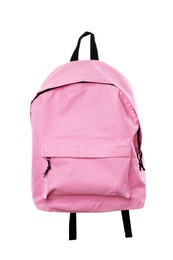 Photo of One stylish pink backpack isolated on white