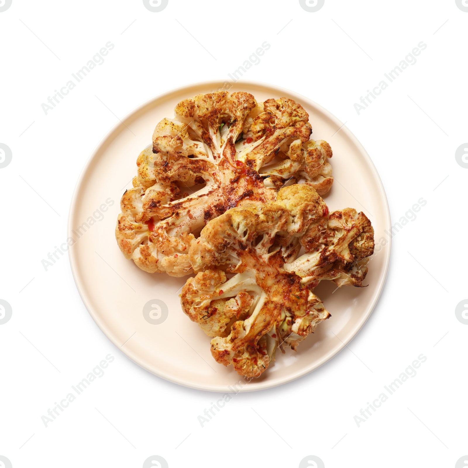 Photo of Delicious baked cauliflower steaks isolated on white, top view