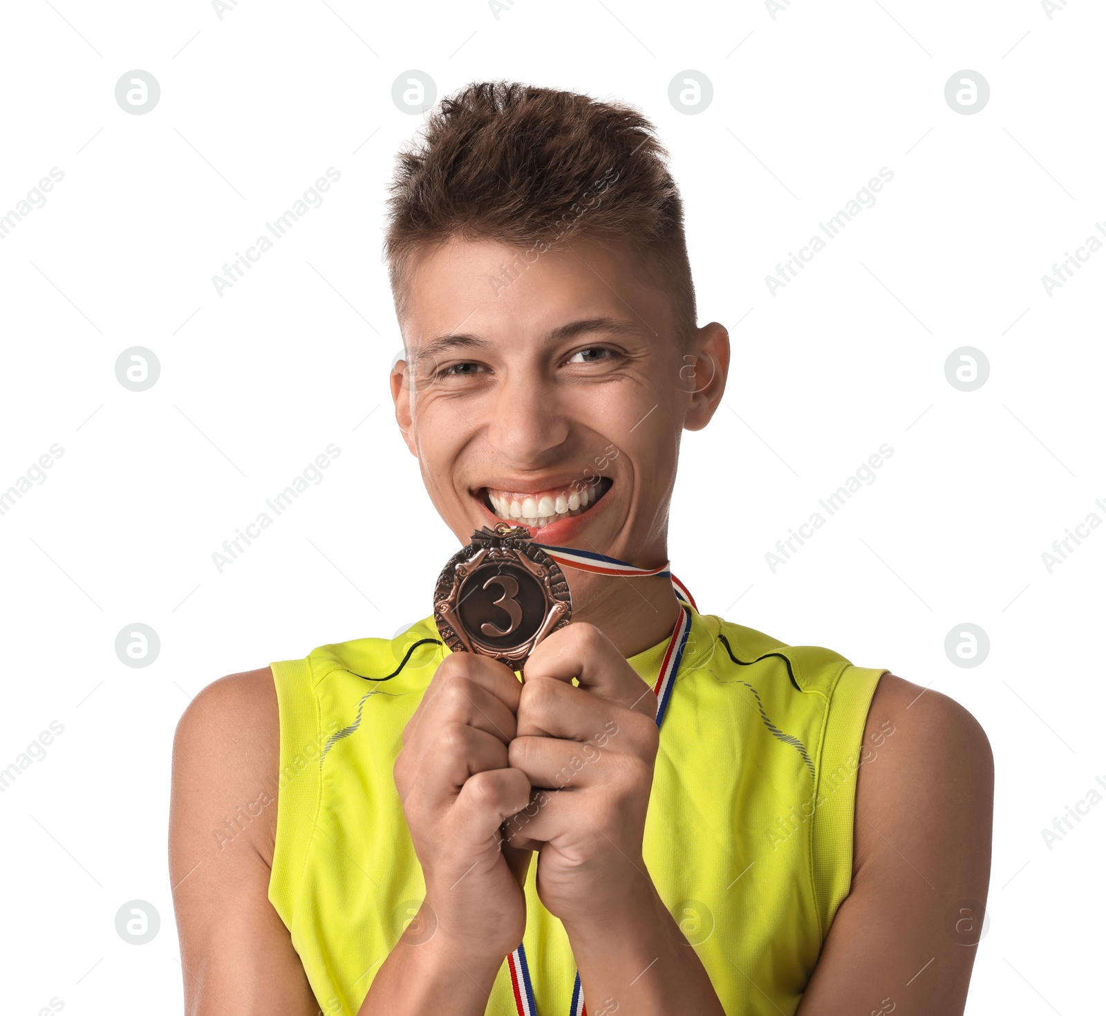 Photo of Happy winner with bronze medal on white background