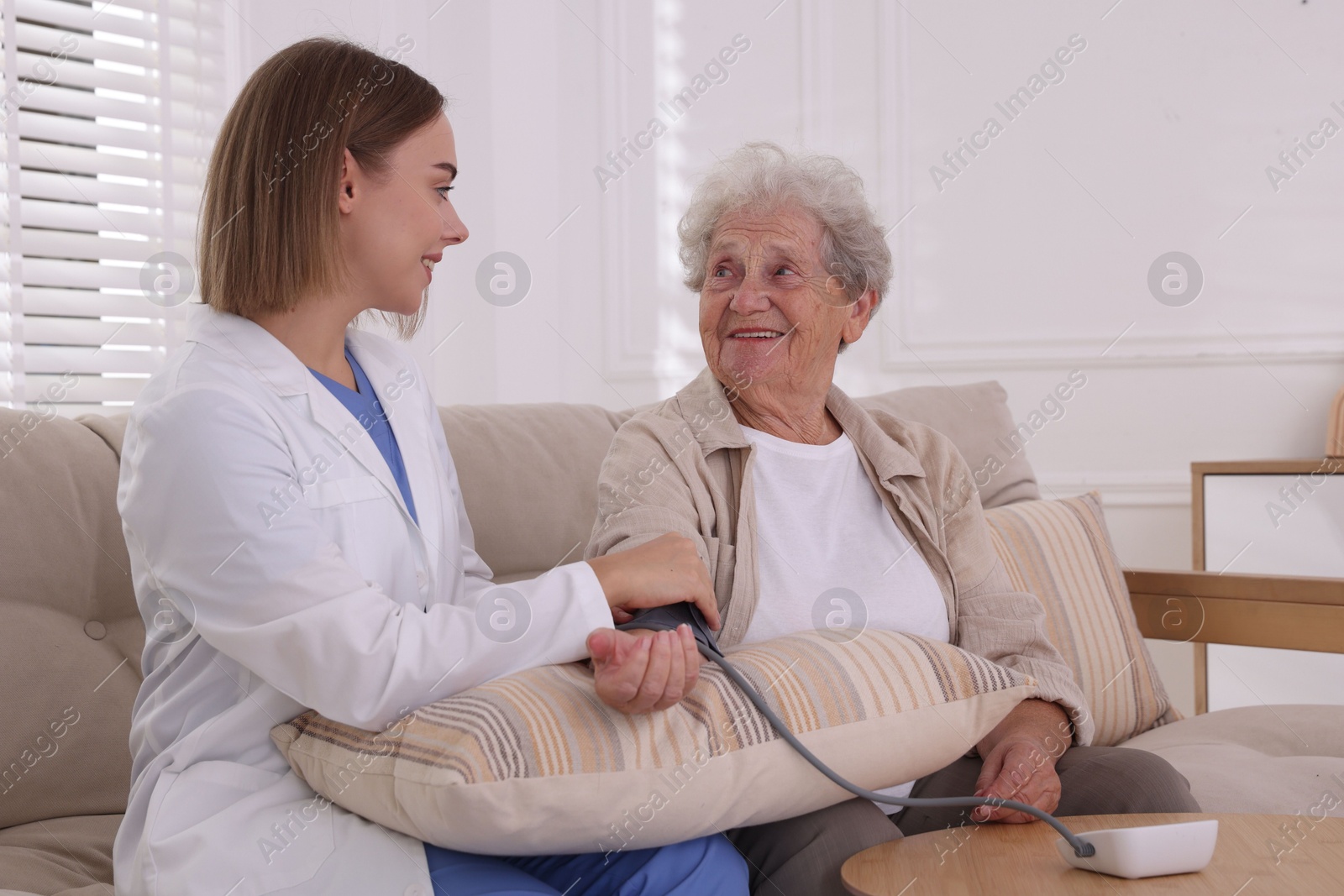 Photo of Doctor measuring patient's blood pressure on sofa indoors