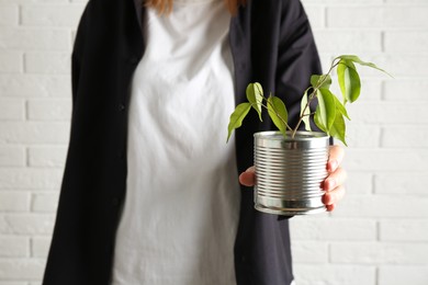 Photo of Recycling concept. Woman holding metal can with growing plant against white brick wall, closeup