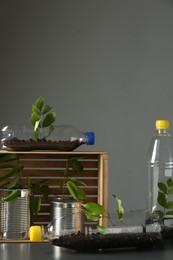 Photo of Recycling concept. Metal cans and plastic bottles with growing plants on grey table