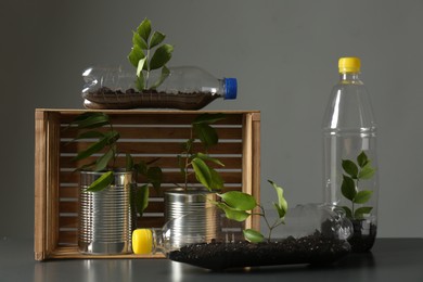 Photo of Recycling concept. Metal cans and plastic bottles with growing plants on grey table