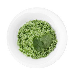 Photo of Delicious spinach risotto isolated on white, top view