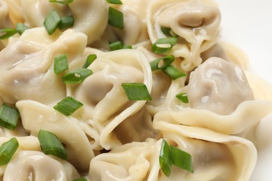 Photo of Delicious pelmeni with green onion on plate, closeup