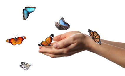 Image of Woman holding beautiful butterflies on white background, closeup