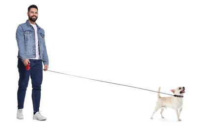 Image of Young man walking his dog on white background