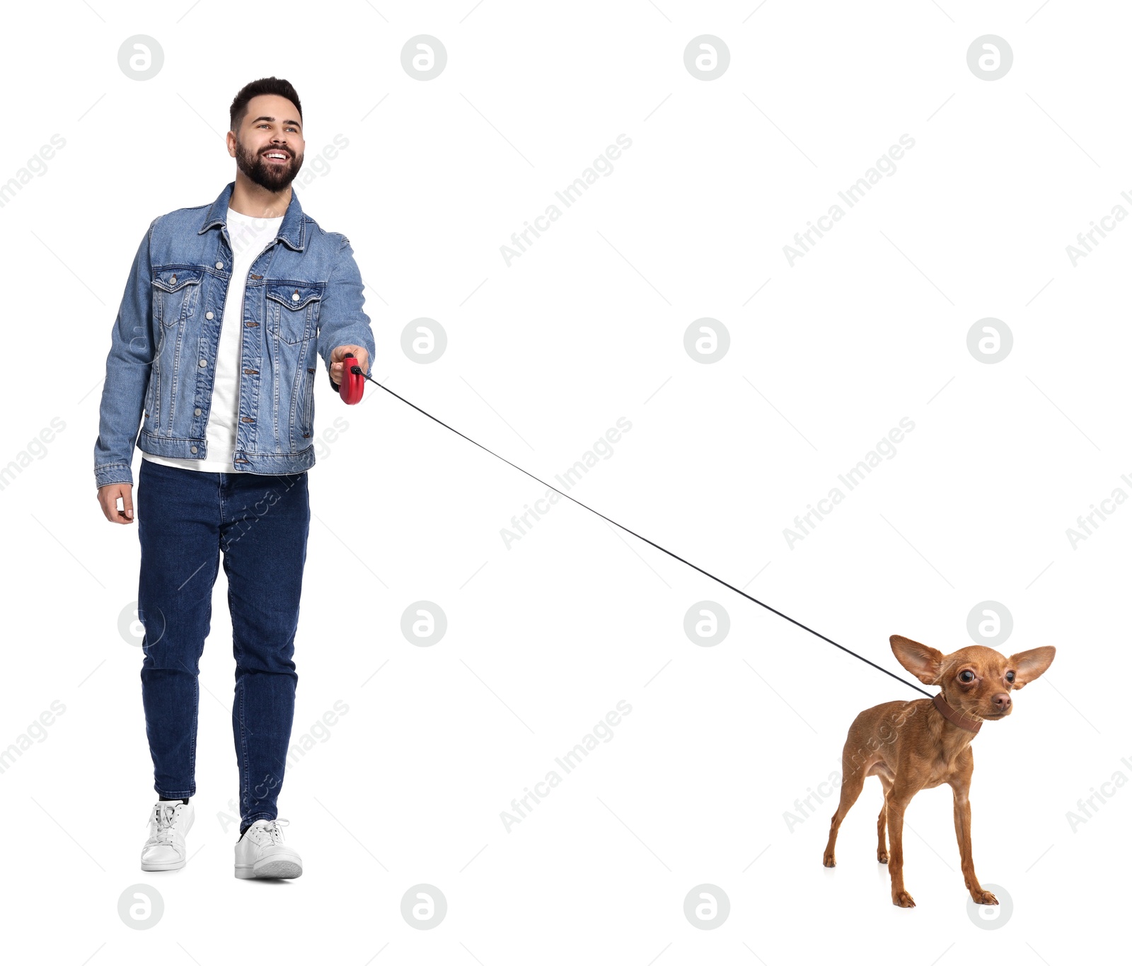 Image of Young man walking his dog on white background