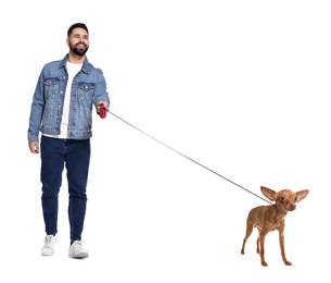 Image of Young man walking his dog on white background